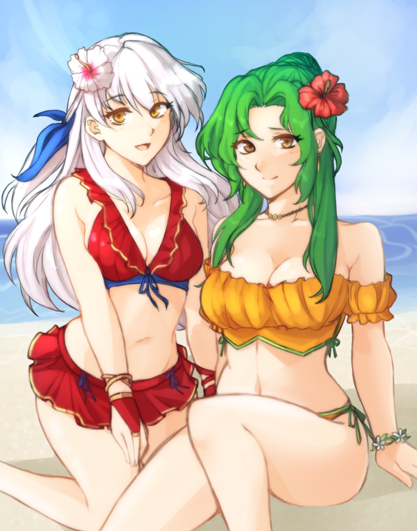 2girls :d absurdres alternate_costume bangs bare_shoulders beach bikini bikini_skirt blue_sky blush breasts brown_eyes cleavage collarbone elincia_ridell_crimea elincia_ridell_crimea_(summer) female female_only fingerless_gloves fire_emblem fire_emblem:_path_of_radiance fire_emblem:_radiant_dawn fire_emblem_heroes flower gloves green_hair grey_hair hair_flower hair_ornament hair_ribbon hibiscus higher_resolution_duplicate highres large_breasts long_hair looking_at_viewer medium_breasts micaiah_(fire_emblem) micaiah_(summer)_(fire_emblem) miniskirt multiple_girls navel nintendo ocean official_alternate_costume open_mouth orange_bikini orange_swimsuit red_bikini red_gloves red_swimsuit ribbon sand side-tie_bikini sitting skirt sky smile swimsuit tridisart wristband yellow_eyes