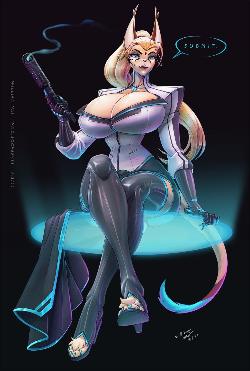 1futa anthro big_breasts blue_eyes breasts bulge_through_clothing bursting_breasts clothing female firearm furry furry_futa furry_only futa_only handgun huge_breasts long_hair looking_at_viewer thighhighs tight_clothing weapon wmdiscovery93