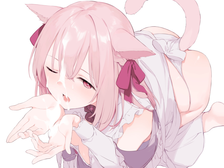 animal_ears ass bangs barefoot blush breasts cat_ears cat_girl cat_tail cleavage commentary cum cum_on_hair cum_on_hands detached_sleeves facial female frills fujiyama hair_between_eyes hair_ribbon highres large_breasts long_hair long_sleeves looking_at_viewer one_eye_closed open_mouth outstretched_hand palms pink_eyes pink_hair red_ribbon ribbon simple_background soles solo symbol-only_commentary tail tail_raised tongue white_background