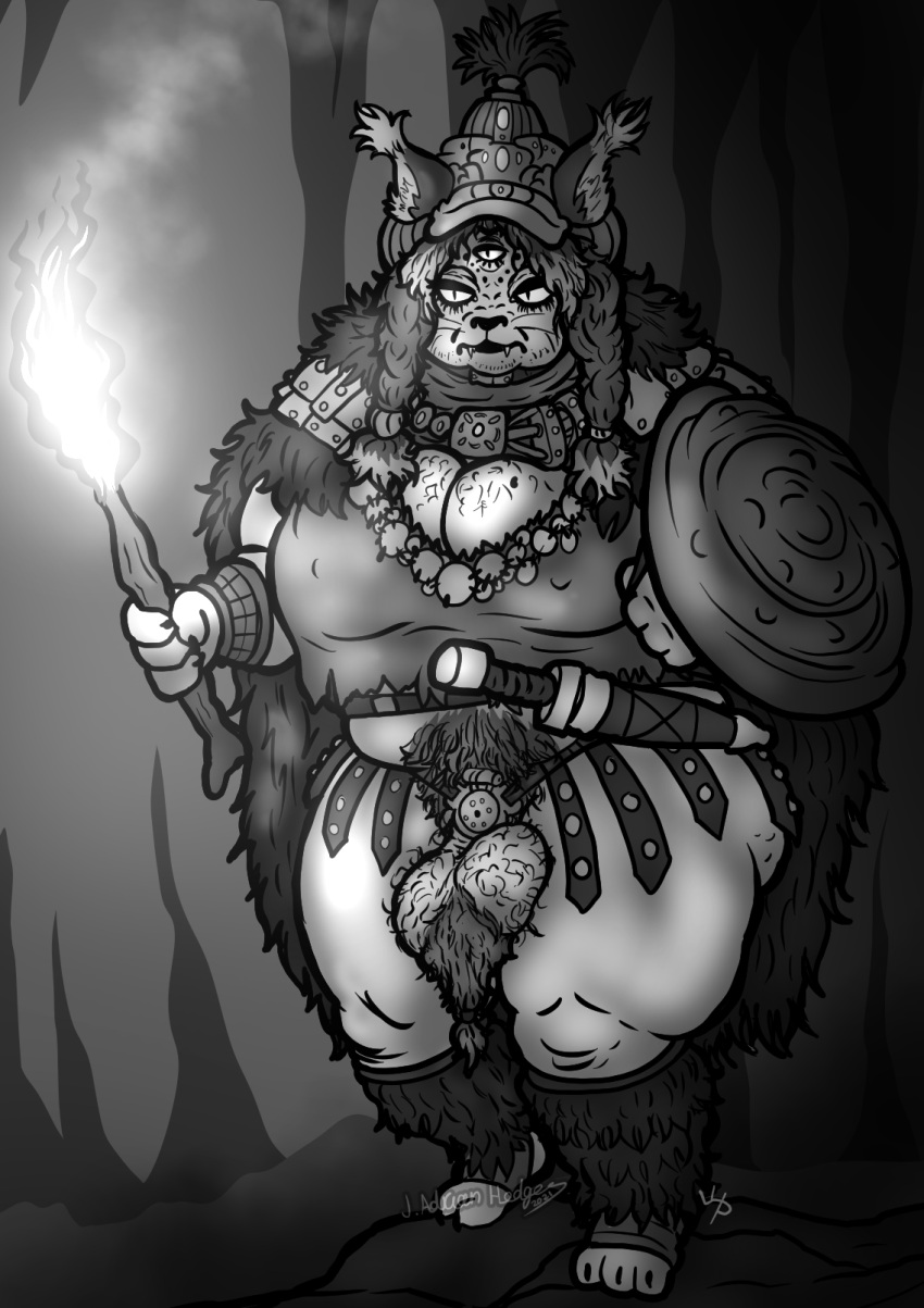 2021 3_eyes anthro armor balls beard belly_hair belt big_balls big_breasts body_hair bottomless breasts cape cavern chastity_device cloak clothed clothing digital_drawing_(artwork) digital_media_(artwork) facial_hair fangs felid feline genitals greyscale gynomorph hair hairy_balls hairy_breasts headdress hi_res holding_object holding_shield huge_hips huge_thighs intersex leggings legwear lynx mammal melee_weapon mole_(disambiguation) monochrome multi_eye overweight overweight_anthro overweight_gynomorph overweight_intersex partially_clothed pubes shield signature solo standing sword thick_thighs torch torn_clothing warrior watermark weapon wide_hips wittless-pilgrim