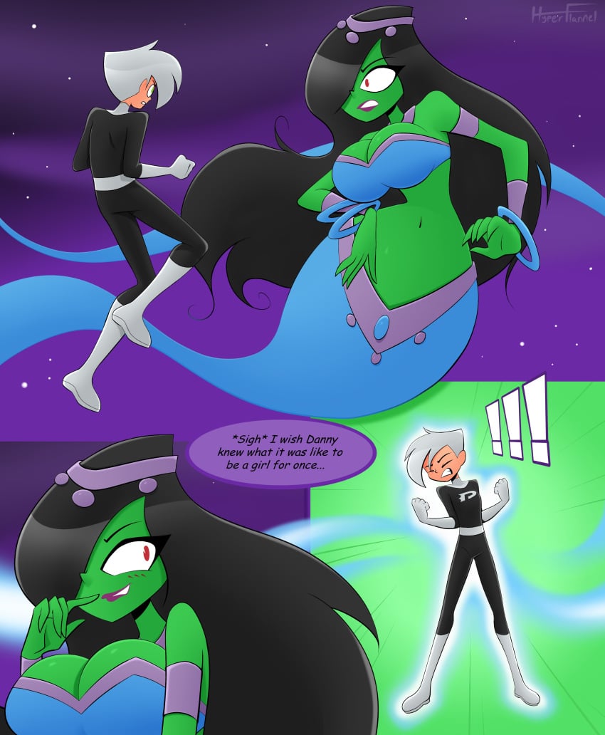 1boy 1girls big_breasts black_hair breast_expansion cleavage clothed clothing comic danny_fenton danny_phantom desiree female fully_clothed ghost ghost_girl hyperflannel male nickelodeon pre-transformation purple_lips transformation