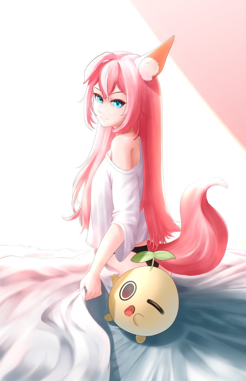 1girl animal_ear_fluff animal_ears ass bangs bare_shoulders bed_sheet blue_eyes cat_ears closed_mouth curtains dog_ears dog_girl female long_hair looking_at_viewer looking_back nekomiya_hinata off_shoulder pink_hair shirt sitting solo striped tail very_long_hair virtual_youtuber vyugen white_shirt yuniiho_(character)