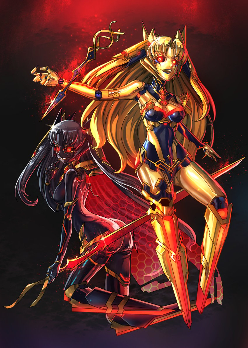 2girls ereshkigal_(fate) fate/grand_order fate_(series) female female_only gold_(metal) gold_skin ibenz009 ishtar_(fate) looking_at_viewer mechanical_arm melting metal_transformation metallic_body multiple_girls robot_girl smile weapon