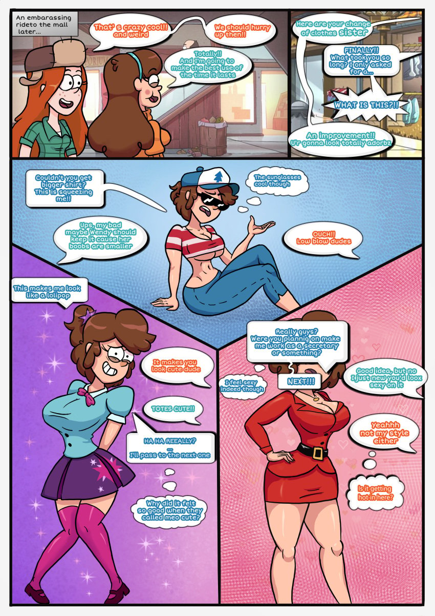 3girls chest cleavage cosplay dipper_pines english_text female female_dipper female_only gearfou genderswap_(mtf) gravity_falls large_ass large_breasts mabel_pines midriff multiple_girls navel powerpuff_girls rule_63 sara_bellum_(cosplay) solo solo_female straight_hair sunglasses t-shirt thick_thighs vest wendy_corduroy wide_hips