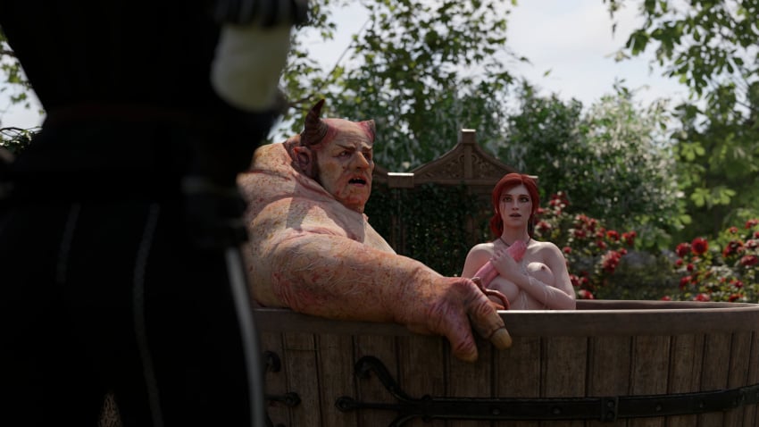 2girls 3d bath bathing belethor's_smut breasts completely_nude cum cum_on_breasts female handjob horn light-skinned_female male monster nipples nude penis red_hair surprised the_witcher_(series) the_witcher_3:_wild_hunt triss_merigold yennefer