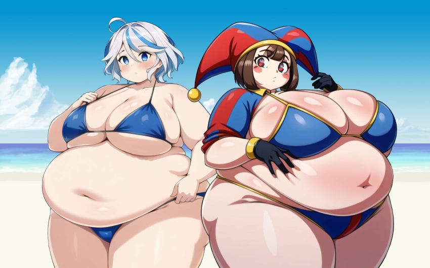 2girls ai_generated bbw beach belly belly_button bikini blue_bikini breasts brown_hair brown_hair_female chubby crossover duo duo_female duo_focus exposed_belly exposed_belly_button exposed_fat_belly fat fat_female fat_girl fat_woman female female_focus female_only fontaine_girls furina_(genshin_impact) genshin_impact glitch_productions hoyoverse light-skinned_female light_skin mihoyo mihoyo_technology_(shanghai)_co._ltd. obese obese_female pomni_(the_amazing_digital_circus) the_amazing_digital_circus thick_thighs thighs white_hair white_hair_female wide_hips