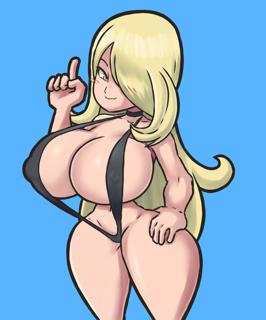 1girls big_breasts blonde_hair blush breasts cynthia_(pokemon) female huge_breasts large_breasts lotikmac nintendo pokemon pokemon_dppt sling_bikini slingshot_swimsuit solo solo_female thick_thighs thighs yellow_eyes