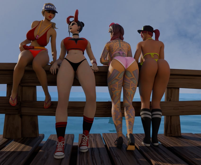 3d 4girls beach_bomber beach_jules bikini bikini_bottom bikini_top brite_bomber demon_haze_(fortnite) demon_horns dock female_only fortnite goggles goggles_on_head haze_(fortnite) jules_(fortnite) looking_at_another multicolored_hair sandals shoes socks socks_and_shoes sun_strider sunglasses surf_witch_(fortnite) tank_top tattoo tattoos thong_bikini tinted_eyewear vps_nsfw