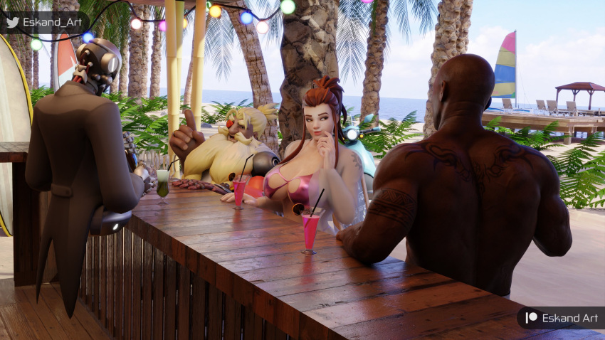 1girls 2boys 3d auburn_hair beach bikini black_male blizzard_entertainment brigitte dark-skinned_male day daytime eskandart female light-skinned_female light_skin male overwatch overwatch_2 swedish tattooed_female torbjörn