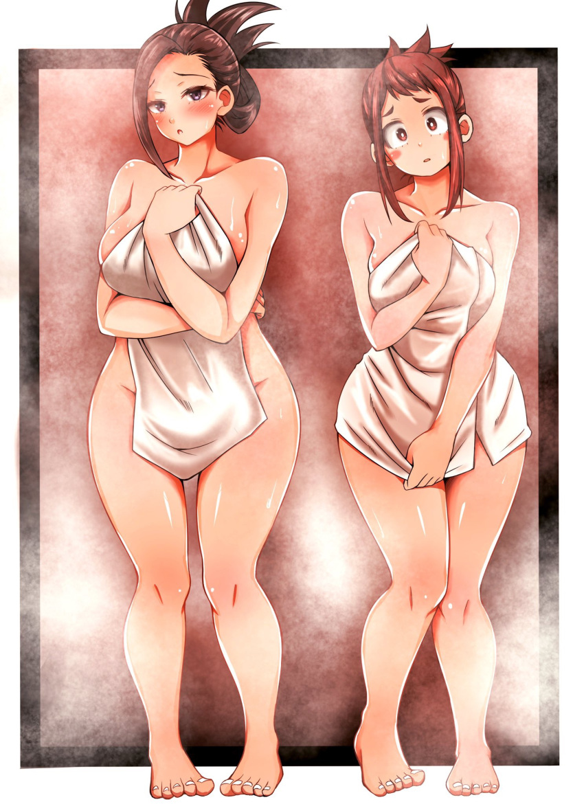 2girls aciashi blush boku_no_hero_academia curvaceous female female_only full_body huge_ass huge_breasts light-skinned_female light_skin looking_at_viewer momo_yaoyorozu multiple_girls my_hero_academia ochako_uraraka shounen_jump tagme thick_thighs tied_hair towel towel_only voluptuous voluptuous_female wide_hips