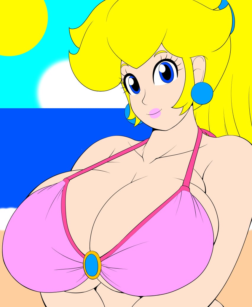 1girls beach bikini bikini_top blonde_hair blue_eyes breasts bursting_breasts busty cleavage earrings female female_only huge_breasts human jewelry large_breasts lipstick looking_at_viewer mario_(series) milf nintendo nintyalex outdoors ponytail princess_peach recolor smile solo speeds tied_hair v_arms voluptuous