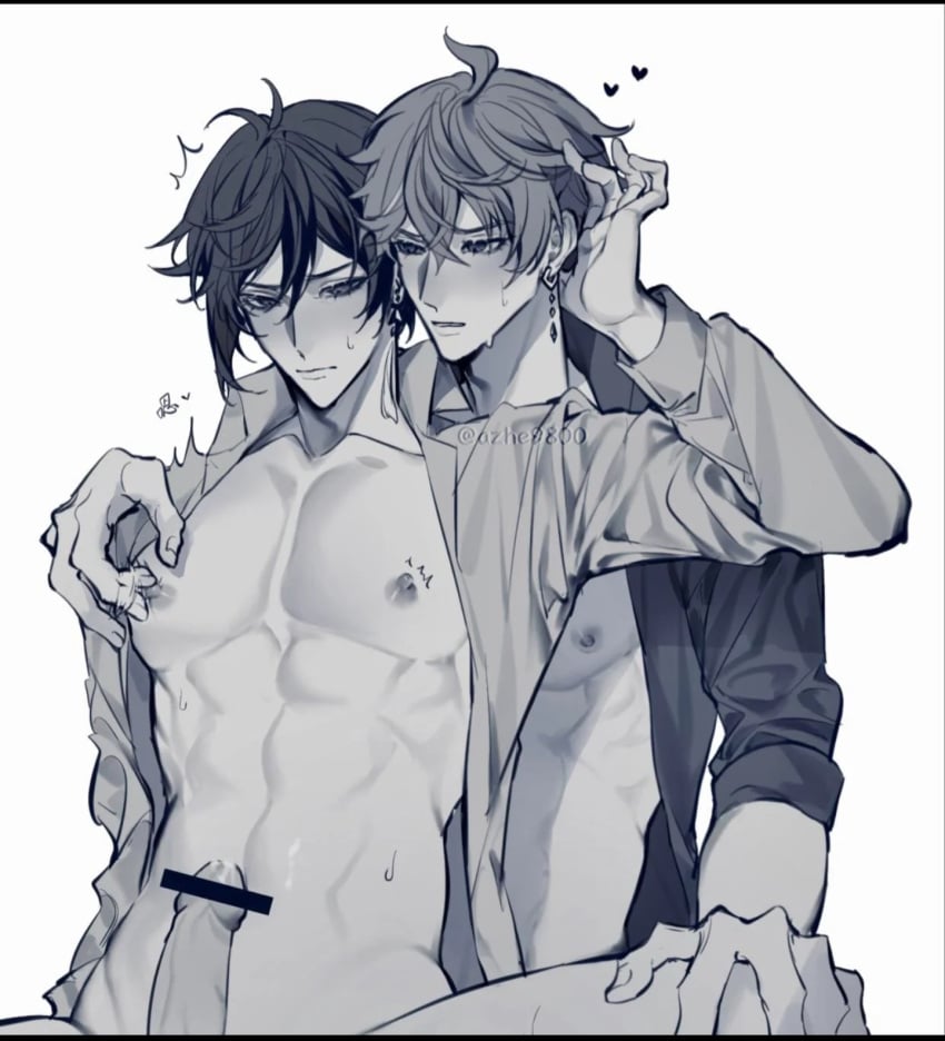 2boys azhe9800 blush censored censored_penis genshin_impact grayscale male nipple_play nipple_tweak tartaglia_(genshin_impact) yaoi zhongli_(genshin_impact)