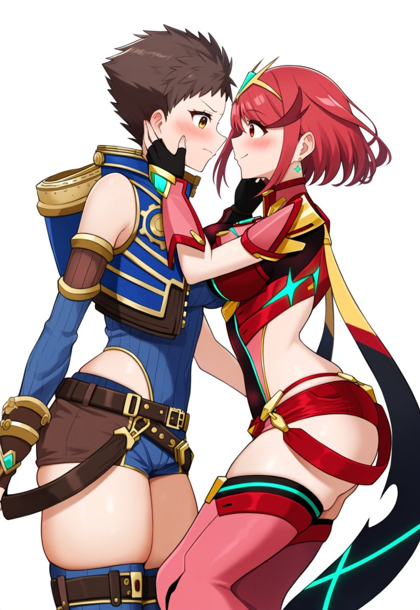 2girls ai_generated genderswap_(mtf) hands_on_another's_face imminent_kiss looking_at_another novelai pyra pyra_(xenoblade) red_shorts rex_(xenoblade) robofun thighhighs xenoblade_(series) xenoblade_chronicles_2 yuri