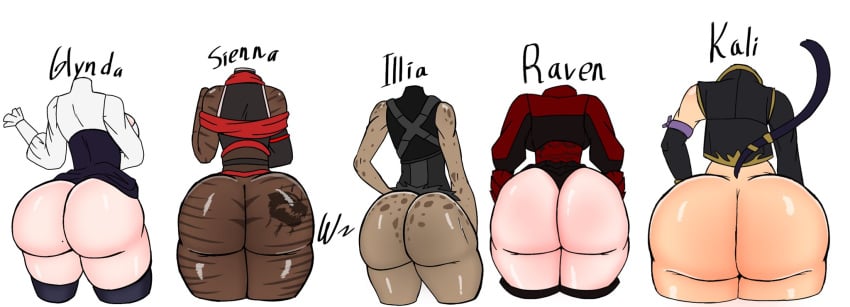 ass ass_comparison ass_size_chart bellabooty big_ass comparing comparing_asses dark-skinned_female dat_ass faunus glynda_goodwitch ilia_amitola kali_belladonna light-skinned_female milf raven_branwen rwby shadowguy shadowguynsfw sienna_khan tattoo teacher