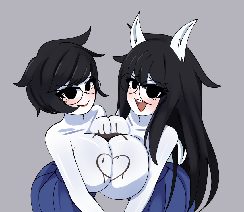 2girls black_hair breast_on_breasts breast_press chocolate chocolate_on_breasts glasses homestuck incest jade_harley jane_crocker long_hair multiple_girls phasmomo short_hair skirt valentine's_day