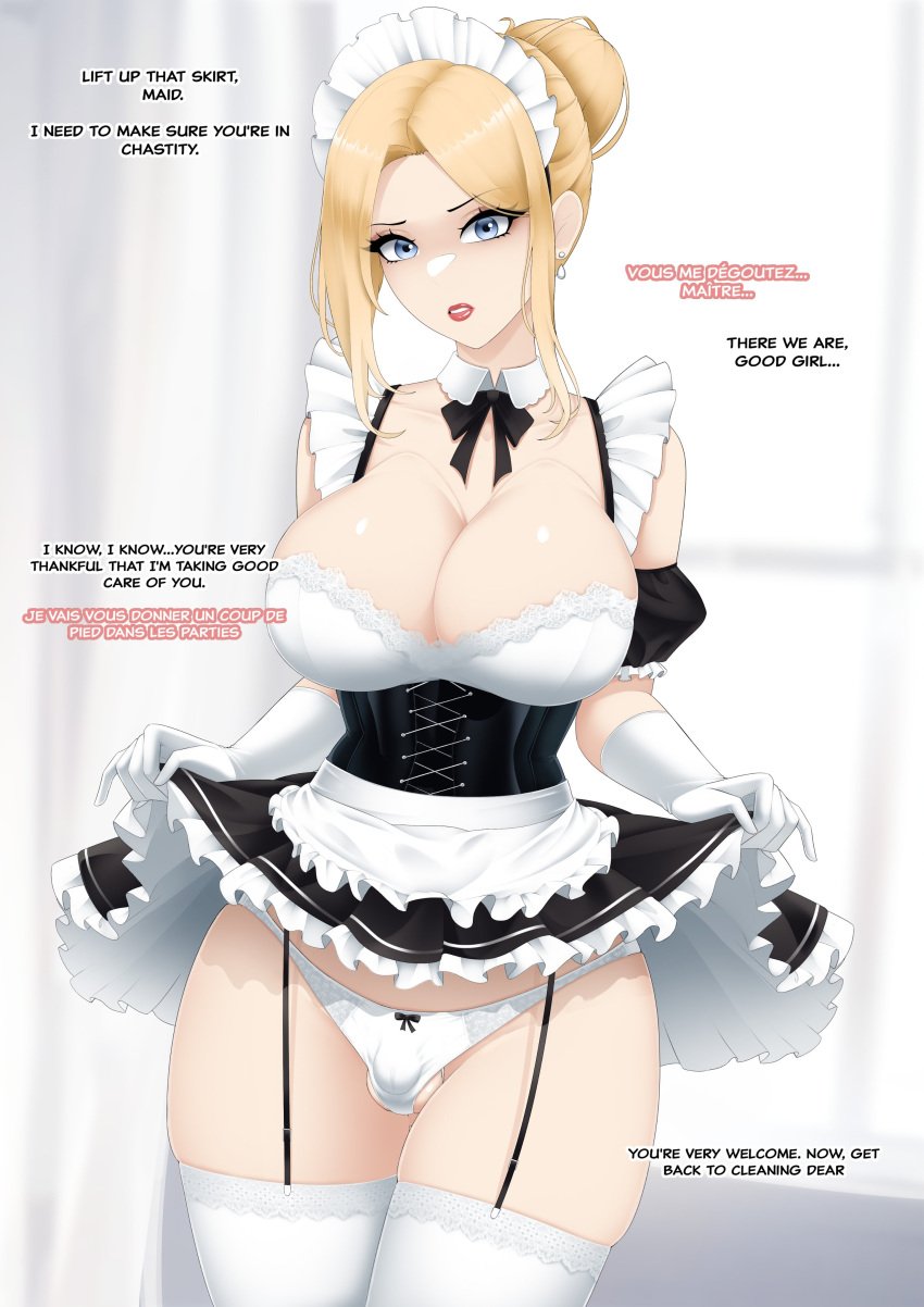 1futa 2024 blonde_hair blue_eyes bulge chastity_cage chastity_device cleavage color dickgirl earrings english_text feminine feminization french_maid french_text futanari gloves hairbun holding_clothing jesscatg lipstick maid maid_uniform makeup mascara panties skirt_lift stella_(jesscatg) stockings text uncensored white_gloves