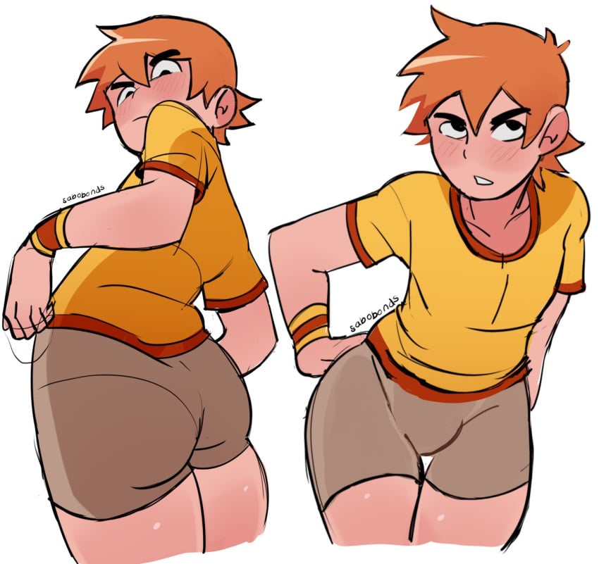 1boy blush bulge clothing fully_clothed gay male male_only orange_hair pants sabobonds scott_pilgrim scott_w_pilgrim shirt skinny tight_clothing white_background wristband