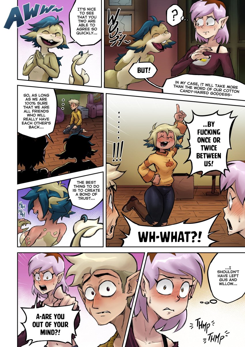 1boy 2girls amity_blight awkward_situation basilisk_(the_owl_house) blonde_hair cabin comic comic_page dark-skinned_female dialogue english_text hunter_(the_owl_house) light-skinned_female light-skinned_male light_purple_hair magenta_eyes monster_girl page_11 ruddyrzaq tagme text the_amiter_secret the_owl_house vee_(the_owl_house) vee_(the_owl_house)_(human) witch_(the_owl_house) yellow_eyes