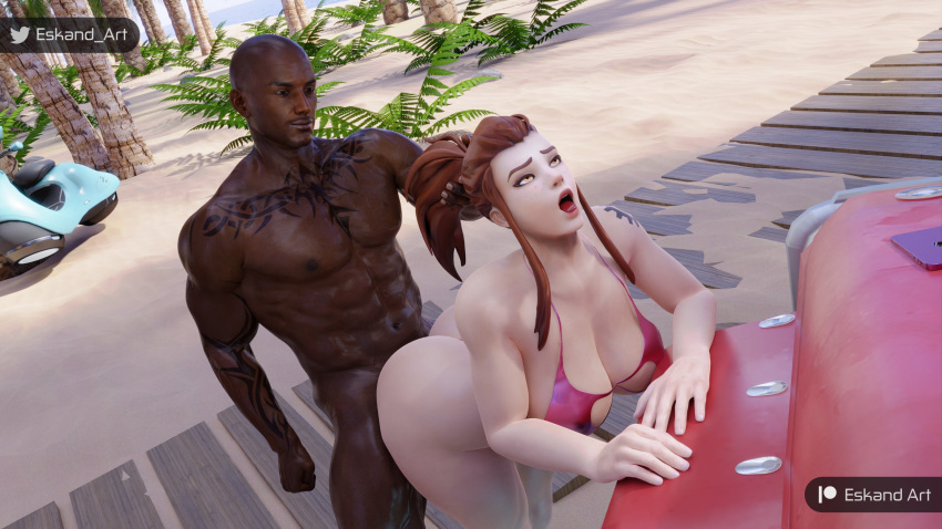 1boy 1boy1girl 1girls 3d ass auburn_hair beach bent_over big_ass big_breasts bikini black_male black_penis blizzard_entertainment breasts brigitte dark-skinned_male dat_ass day daytime doggy_style eskandart female interracial interracial_sex light-skinned_female light_skin male overwatch overwatch_2 sex swedish tattooed_female tits torbjörn