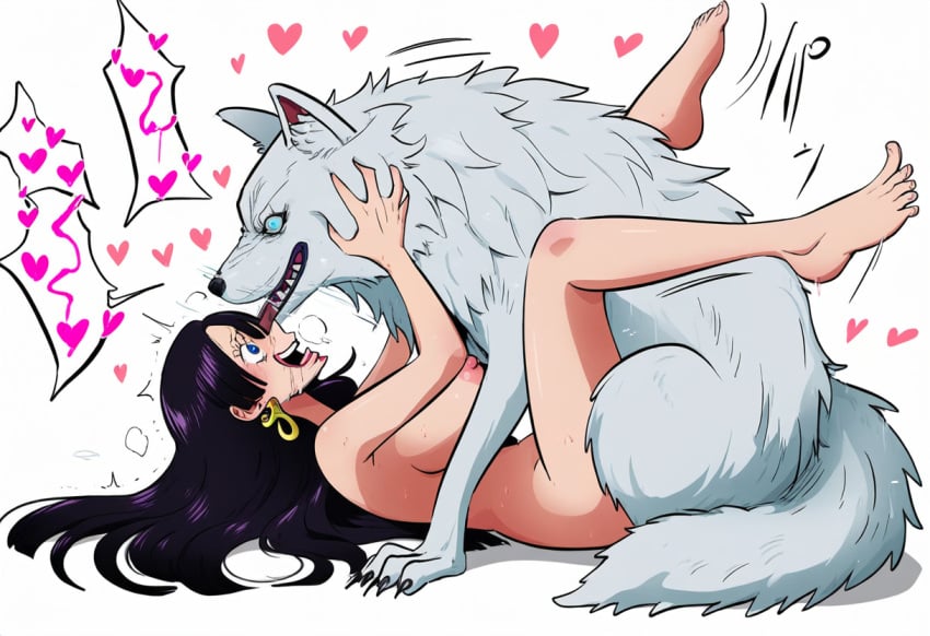 ahe_gao ai_generated animal black_hair blue_eyes boa_hancock crazy curvy earrings female female_focus feral_on_female fucked_silly happy happy_sex heart heavy_breathing huge_breasts missionary missionary_position more_at_source on_back one_piece orgasm_face rough_sex screaming sentinel_axis sex simple_background very_long_hair wolf zoophilia