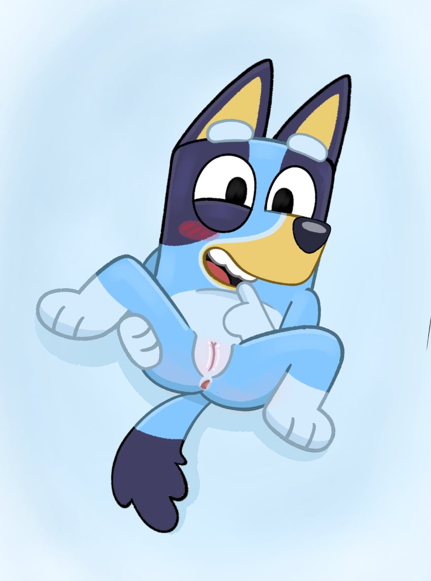 1girls anthro anus artist_request blue_fur bluey_(bluey) bluey_(series) bluey_(show) bluey_heeler blush canine cub female presenting pussy smile solo tagme young