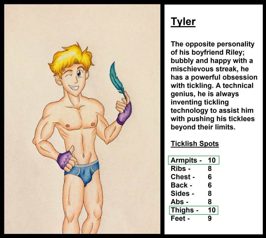 1boy blonde_hair blue_feather blue_underwear character_bio character_sheet feathers fingerless_gloves gay male_focus male_only original_character shirtless solo_male text tickle_fetish ticklish trueticklefanatic tyler tyler_(trueticklefanatic) underwear