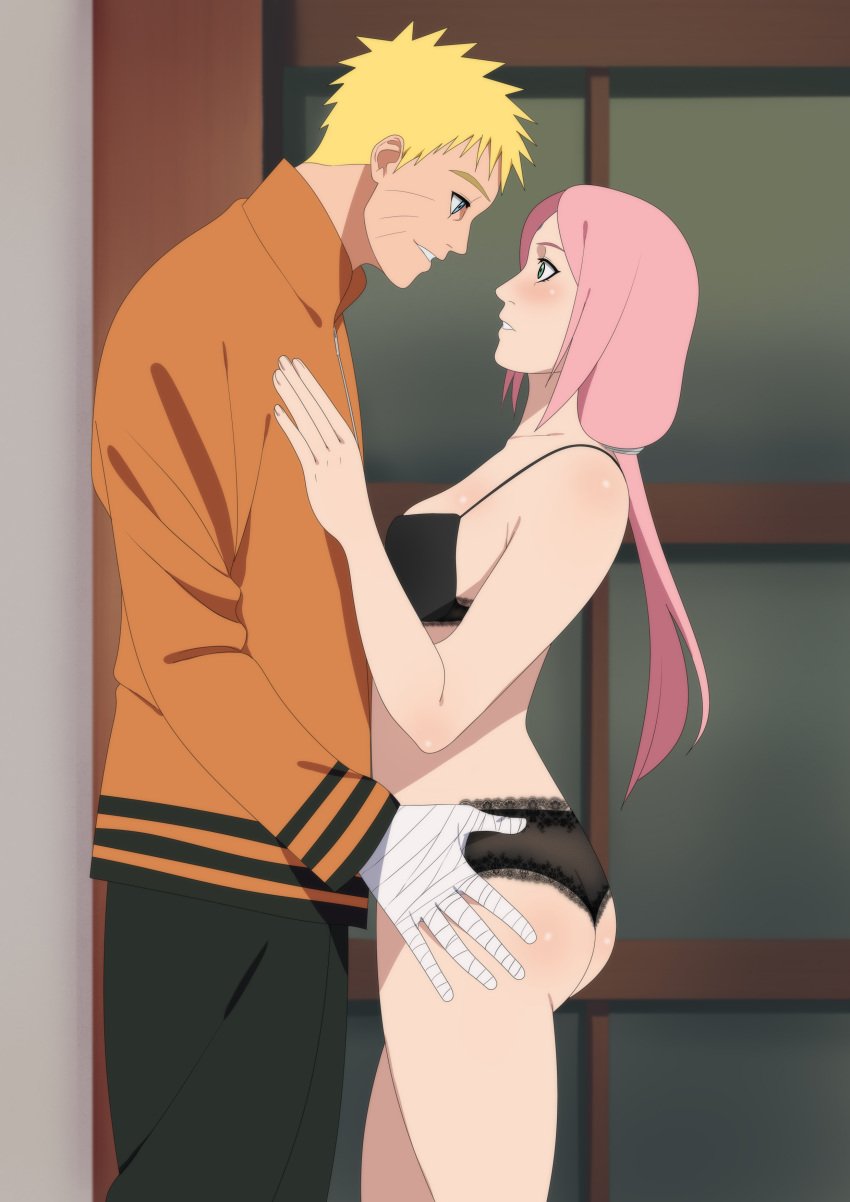 1boy 1boy1girl 1girls against_wall alternate_hairstyle ass bandaged_arm bandages before_sex blush boruto:_naruto_next_generations bra breasts cheating cheating_husband cheating_wife female green_eyes hand_on_chest hand_on_hip indoors jacket lenacringe lingerie long_hair looking_at_another male naruto naruto_(series) panties pants pink_hair ponytail sakura_haruno short_hair sideboob smile standing tied_hair underwear uzumaki_naruto yellow_hair