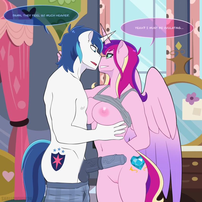 alicorn animal_genitalia animal_penis balls blue_eyes blue_hair blue_tail breasts clothing dialogue disguise disguised_changeling english_text equid equine equine_genitalia equine_penis female friendship_is_magic fur genitals green_eyes hair hasbro hi_res horn male male/female mammal married_couple medial_ring mostly_nude multicolored_hair multicolored_penis multicolored_tail my_little_pony mythological_creature mythological_equine mythology penis pink_body pink_fur princess_cadance_(mlp) pussy queen_chrysalis_(mlp) shallowwin shining_armor_(mlp) tail text two_tone_penis undressing unicorn wings