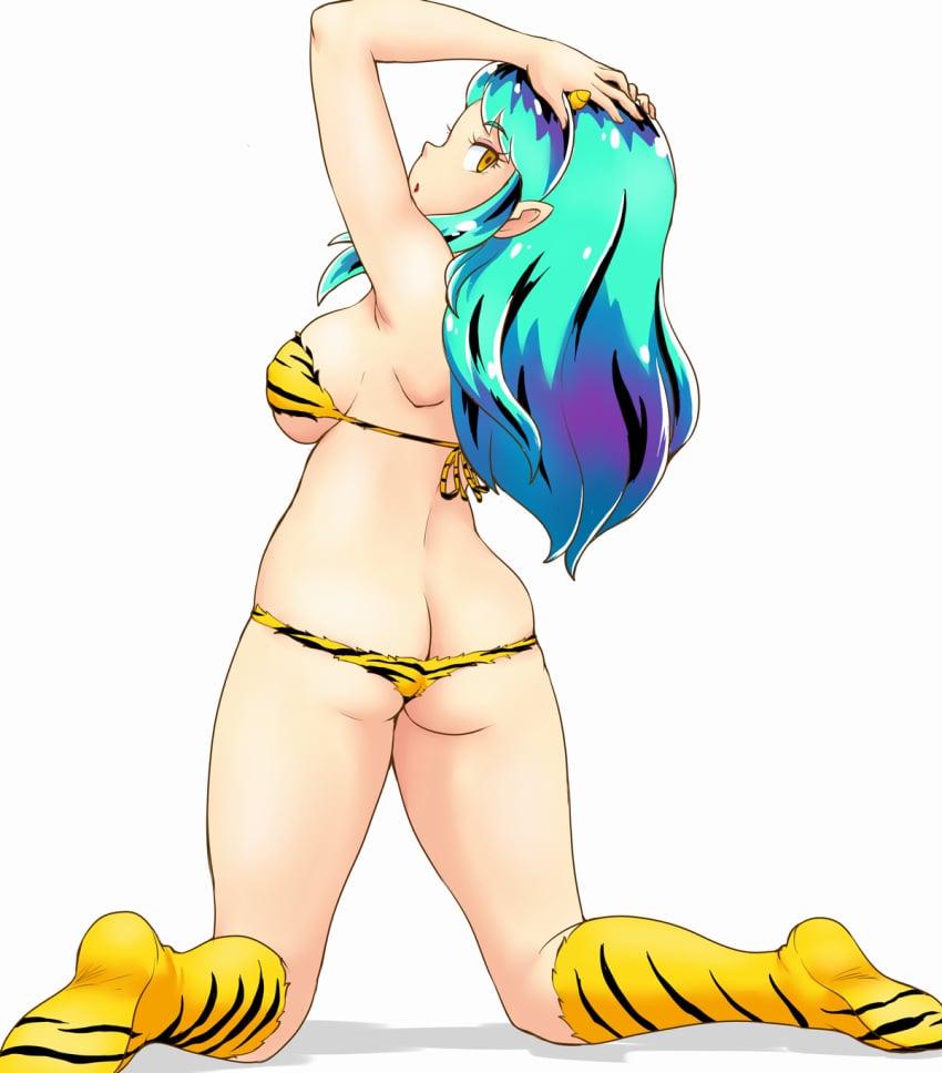 1girls bikini female female_only green_hair horn long_hair lum orange_eyes pointy_ears teasing teasing_viewer tof urusei_yatsura white_background