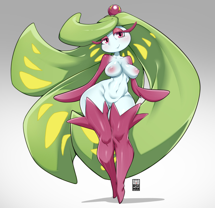 areola areolae bayeuxman big_breasts big_eyelashes boots breasts cameltoe crown eyelashes fingerless generation_7_pokemon green_hair hips long_hair multicolored_body multicolored_hair nintendo nipples plant plant_girl pointed_feet pokémon_(species) pokemon pokemon_sm purple_body purple_eyes purple_skin standing tsareena very_long_hair white_body white_skin wide_hips