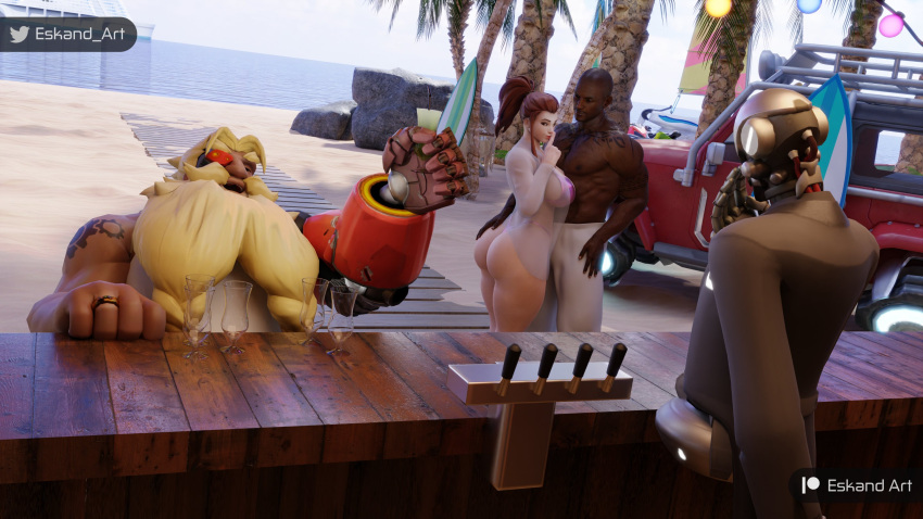 1girls 2boys 3d auburn_hair beach bikini black_male blizzard_entertainment brigitte dark-skinned_male dark_skin day daytime eskandart female imminent_sex interracial light-skinned_female light_skin male overwatch overwatch_2 swedish tattooed_female torbjörn