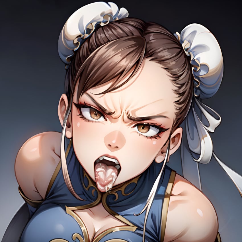 1girls after_fellatio after_oral ai_generated angry angry_face arbitrary brown_hair chinese_girl chun-li cleavage cum cum_in_mouth hi_res open_mouth oral_creampie stable_diffusion street_fighter tongue_out twin_buns
