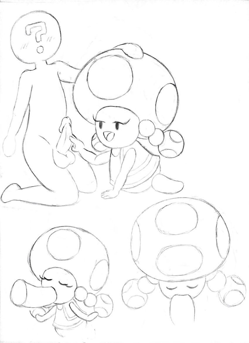 1boy 1girls aeyerlock anon black_eyes blush blushing closed_eyes faceless_male female grabbing_head humanoid male mario_(series) mob_face multiple_views mushroom_girl mushroom_humanoid nintendo on_model penis pigtails question_mark seductive_look simple_background simple_face sketch sucking sucking_penis testicles toad_(mario) toadette