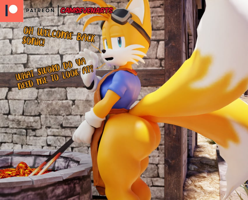 1boy 3d anthro apron ass big_ass blacksmith blue_eyes bottomless bubble_butt camseven clothing dat_ass dialogue fat_ass femboy fox goggles goggles_on_head huge_ass looking_at_viewer looking_back male male_only metal sega shirt solo sonic_(series) sonic_the_hedgehog_(series) tails tails_the_fox text thick_thighs tongs wide_hips