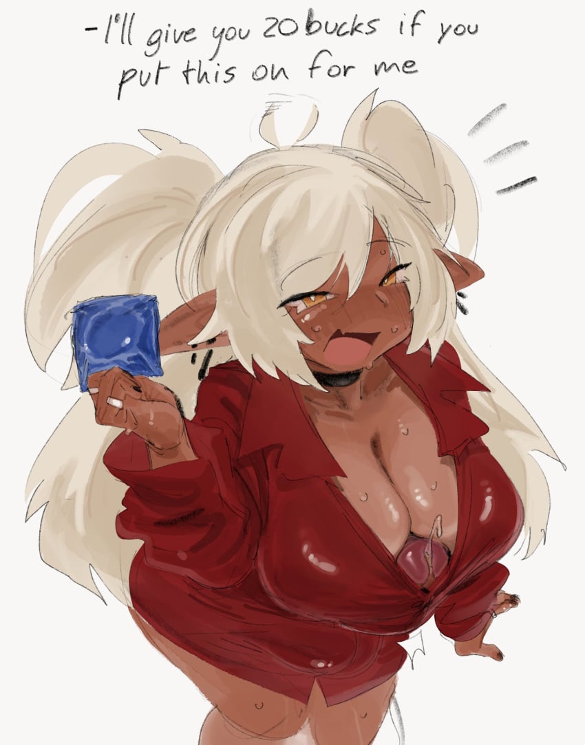 1futa ahoge autopaizuri autopaizuri_under_clothes ball_bulge big_breasts blush bowlboxer breasts bulge choker clothed clothing condom dark-skinned_futanari dark_elf dark_skin dialogue elf elf_ears elf_futanari english english_text erection futa_only futanari hi_res holding_condom huge_cock humanoid humanoid_penis khentaiu long_hair mostly_clothed narrowed_eyes open_mouth penis penis_between_breasts precum precum_ejaculation shirt shirt_only shortstack solo standing text thick_thighs twintails white_background white_hair wide_hips yellow_eyes zanamaoria