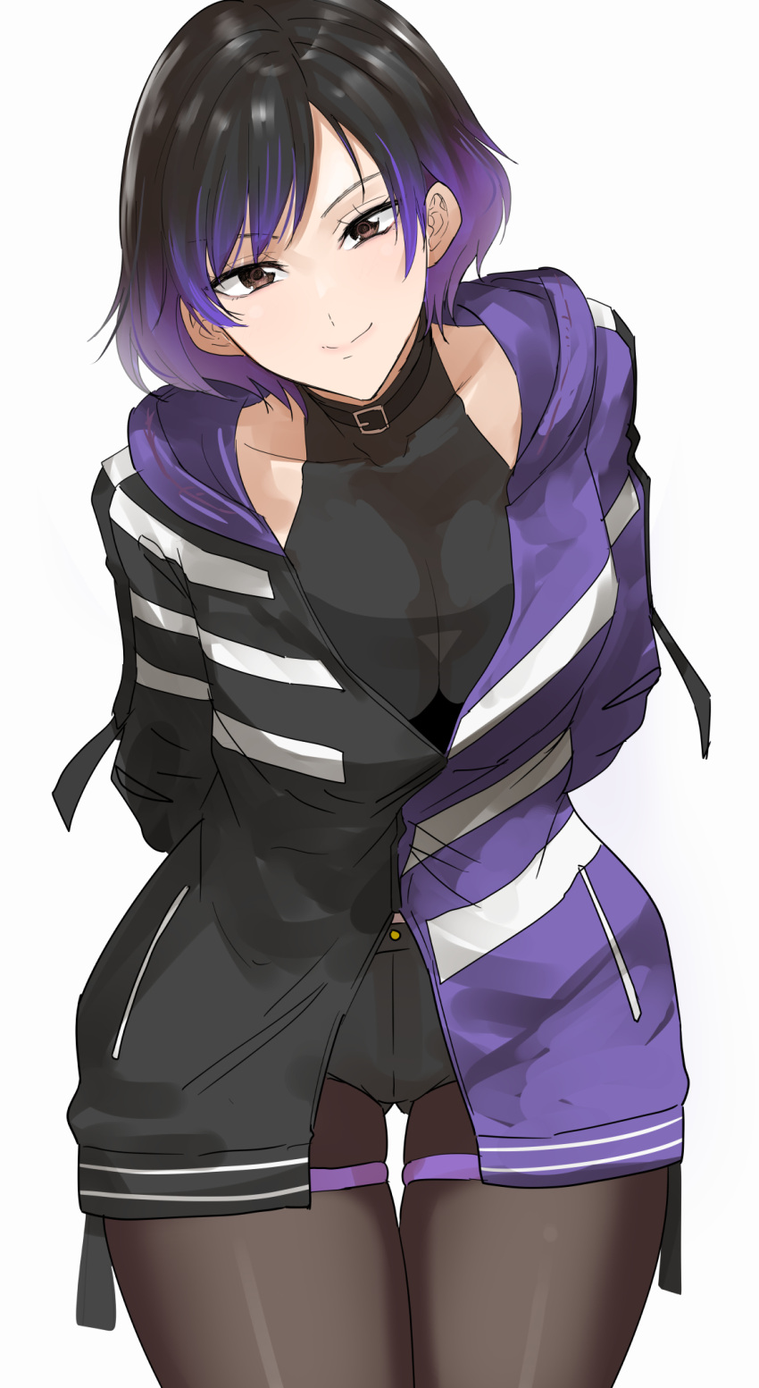 1girls arms_behind_back black_and_purple_hair breasts clash_kuro_neko closed_mouth collarbone female female_focus female_only fully_clothed highres large_breasts looking_at_viewer multicolored_hair namco purple_hair reina_mishima short_hair simple_background smile solo standing streaked_hair tekken tekken_8 white_background