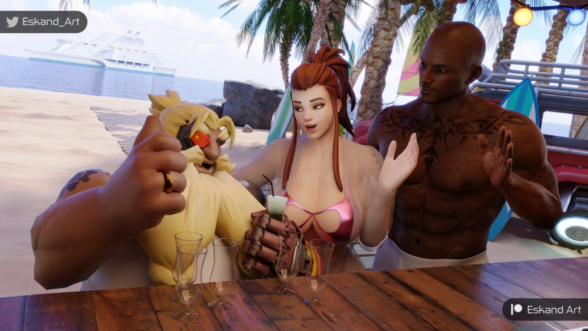 1girls 2boys 3d auburn_hair beach bikini black_male blizzard_entertainment brigitte dark-skinned_male day daytime eskandart female light-skinned_female light_skin male overwatch overwatch_2 swedish tattooed_female torbjörn