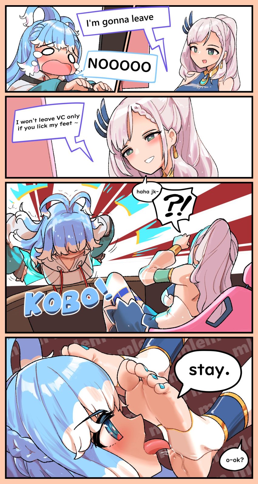 4koma barefoot clothed drooling english_text foot_fetish foot_lick hololive hololive_indonesia hololive_indonesia_holoh3ro hololive_indonesia_holoro kobo_kanaeru long_hair painted_nails pavolia_reine pompmaker1 stirrup_legwear virtual_youtuber