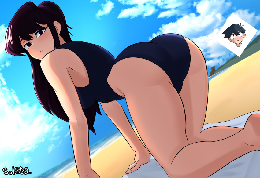 1boy 1boy1girl 1girls ass beach bending_over big_ass big_butt black_hair breasts female huge_ass huge_butt komi-san_wa_komyushou_desu komi_shouko long_hair looking_back on_all_fours sideboob sol-sama_d2 swimsuit tadano_hitohito thick_thighs