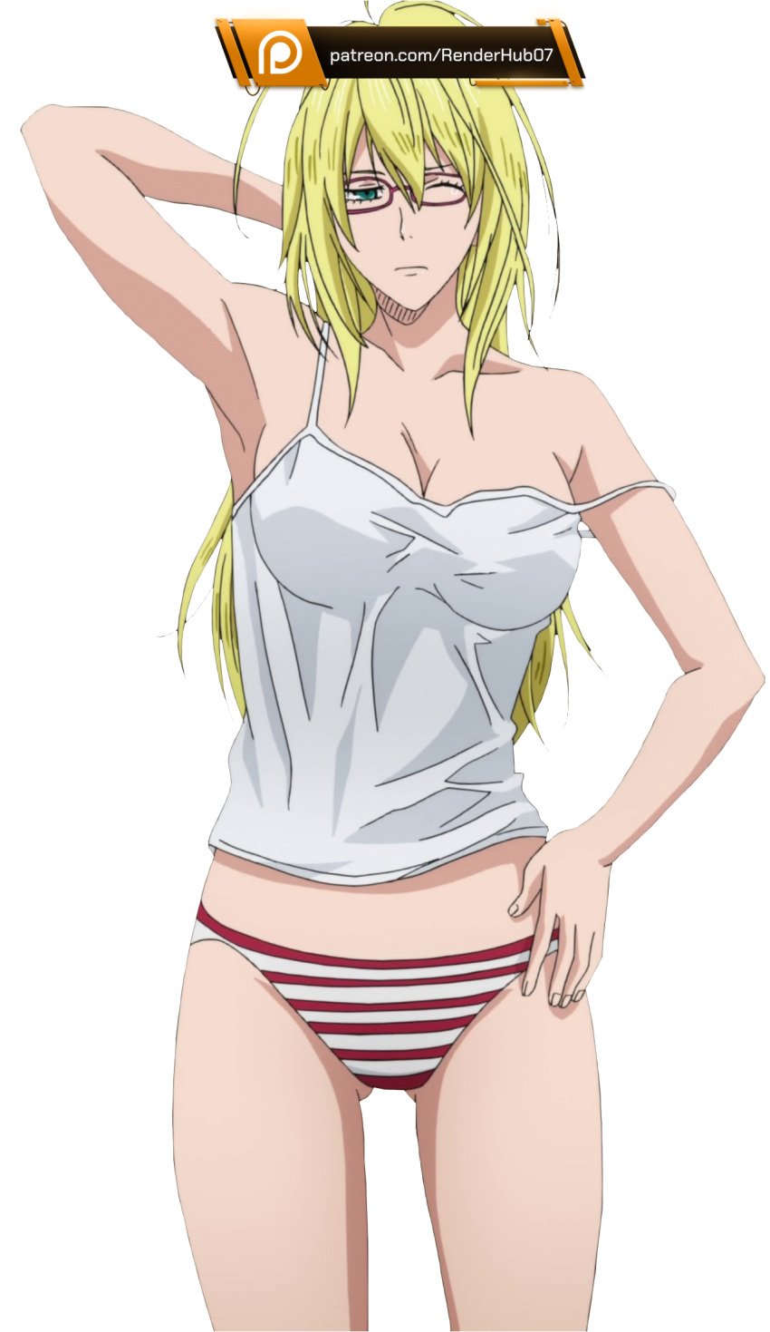 alexandra_garcia blonde_hair breasts camisole cleavage female glasses gluteal_fold highres kuroko_no_basuke large_breasts long_hair one_eye_closed panties patreon renderhub07 screencap solo stitched strap_slip striped_clothing striped_panties third-party_edit transparent_background underwear wink