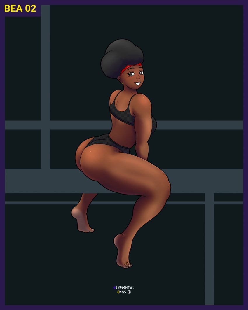 ass barefoot bea_(duolingo) big_ass bikini bikini_only dark-skinned_female dark_skin duolingo elementaleros feet female female_only human lingerie looking_at_viewer simple_background smiling thick_thighs thighs