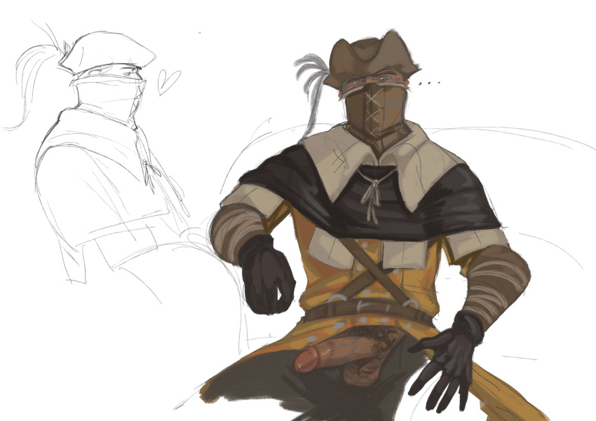 big_penis bloodborne colored_sketch dark-skinned_male dark_skin fromsoftware fully_clothed looking_at_viewer male male_only male_pubic_hair mask mouth_mask old_hunter_henryk open_pants penis penis_out rhett_77 sketch solo uncensored veiny_penis