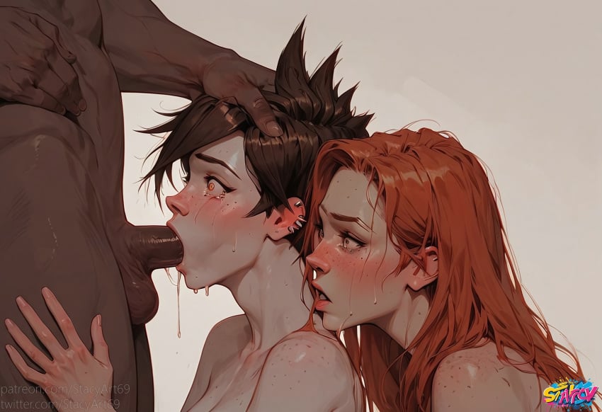 1boy 1boy2girls 2girls ai_generated assisted_fellatio black-skinned_male brown_hair emily_(overwatch) fellatio	 female hand_on_head oral overwatch overwatch_2 red_hair short_hair stacyart69 surprised tracer white-skinned_female