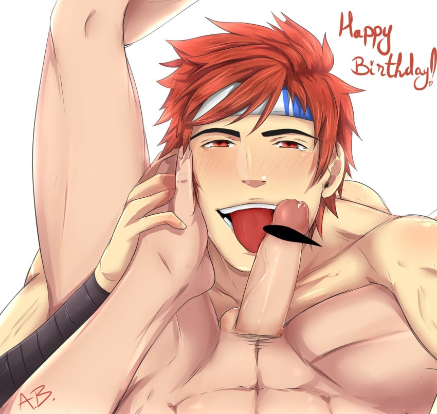 2boys blowjob blush face_closeup full_service gay kovit_chaiyarit legs_up licking_penis male male_only muscular red_eyes red_hair yaoi