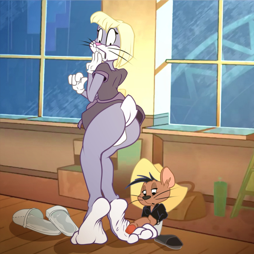 bugs_bunny crossdressing femboy fembugs_bunny foot_fetish foot_focus foot_play furry joe_erogenous looney_tunes questionable_consent shocked shocked_expression small_but_hung speedy_gonzales the_looney_tunes_show two_tone_feet two_toned_soles