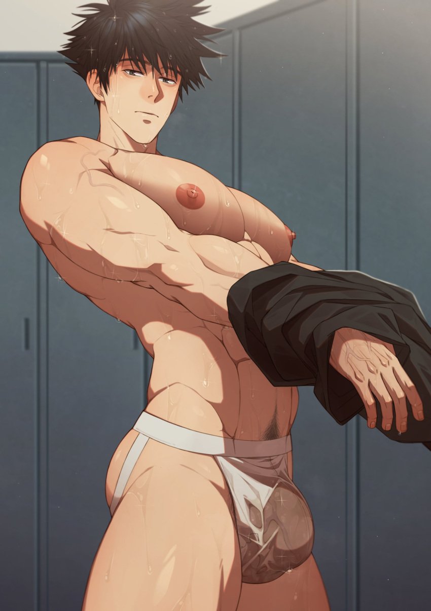 1boy bulge dark_hair fushiguro_megumi gay huge_breasts huge_pecs jujutsu_kaisen locker_room male male_only muscular pecs pectorals punim410 see-through undressing yaoi