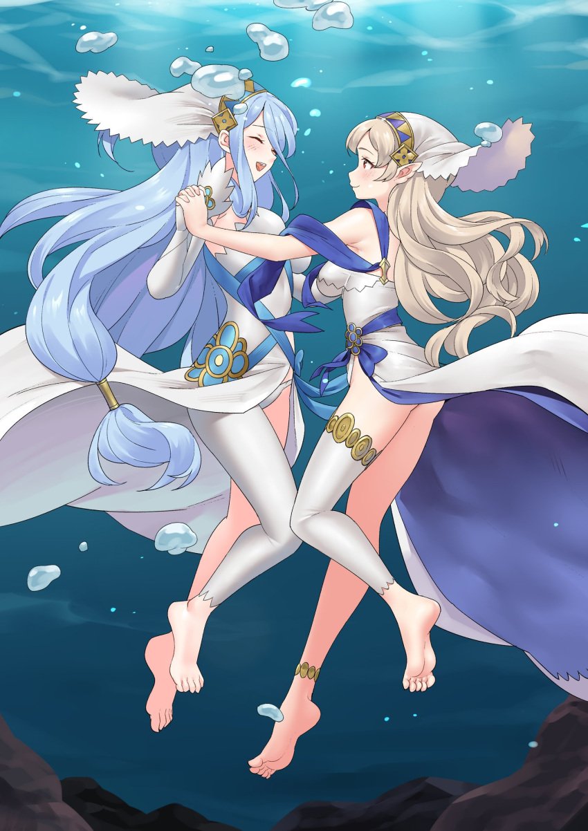 2girls air_bubble alternate_costume ass azura_(fire_emblem) bare_legs barefoot big_ass blue_hair blush breasts bubble closed_eyes corrin_(female)_(adrift)_(fire_emblem) corrin_(female)_(fire_emblem) corrin_(fire_emblem) corrin_(fire_emblem)_(female) cousins dress elbow_gloves feet female female_only fire_emblem fire_emblem_fates fire_emblem_heroes gloves hair_between_eyes highres igni_tion incest legs long_hair multiple_girls nintendo official_alternate_costume pointy_ears red_eyes smile soles submerged swimming toes underwater veil very_long_hair white_dress yuri