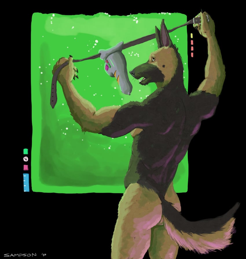 2024 5_fingers absurd_res anthro ass athletic athletic_anthro athletic_male back_muscles black_nose brown_body brown_fur canid canine canis claws domestic_dog fangs finger_claws fingers fur german_shepherd herding_dog hi_res humanoid_hands male mammal marcus_leo_varro nude pastoral_dog penetrable_sex_toy sampsonwoof sex_toy signature slime solo story story_in_description teeth whiskers worried