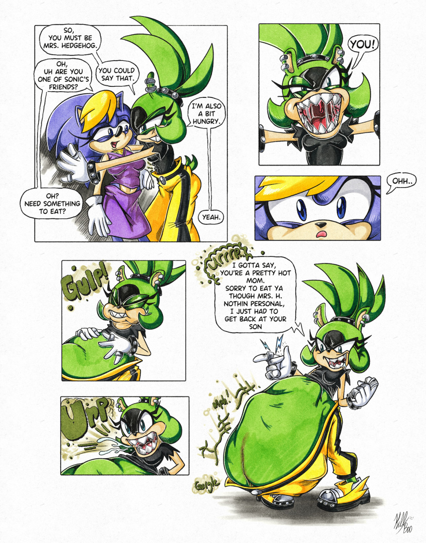 anthro archie_comics belly bernadette_hedgehog big_belly burping comic dialogue duo english_text female female/female furry hi_res idw_publishing killboo oral_vore same_size_vore sega sonic_(series) sonic_the_hedgehog_(archie) sonic_the_hedgehog_(comics) sonic_the_hedgehog_(idw) sonic_the_hedgehog_(series) speech_bubble surge_the_tenrec text vore