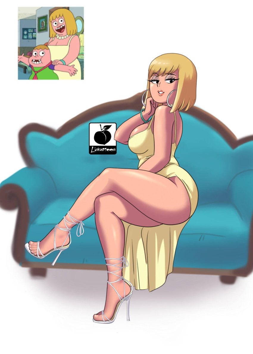 ass big_ass blonde_hair cartoon_network clarence clarence_wendell clothing couch dress ear_piercing earrings female female_only heels high_heels hoop_earrings legs_crossed linkartoon looking_at_viewer mary_wendell milf mother piercing shoes sitting stiletto_heels thick_thighs very_high_heels warner_bros warner_brothers white_background